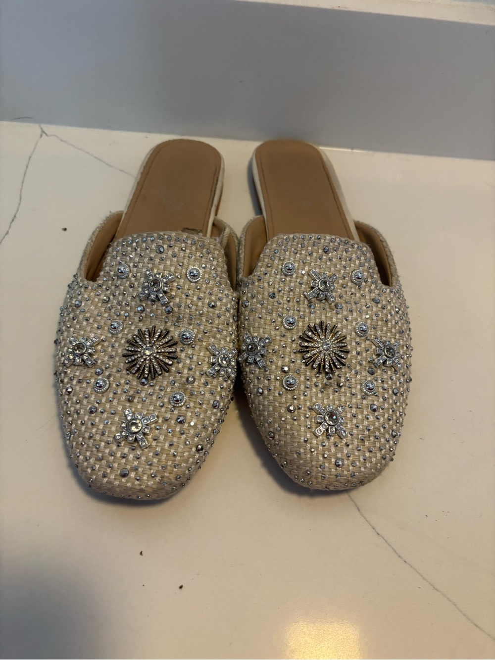 Embellished Beige Slip-On Mules for Women
